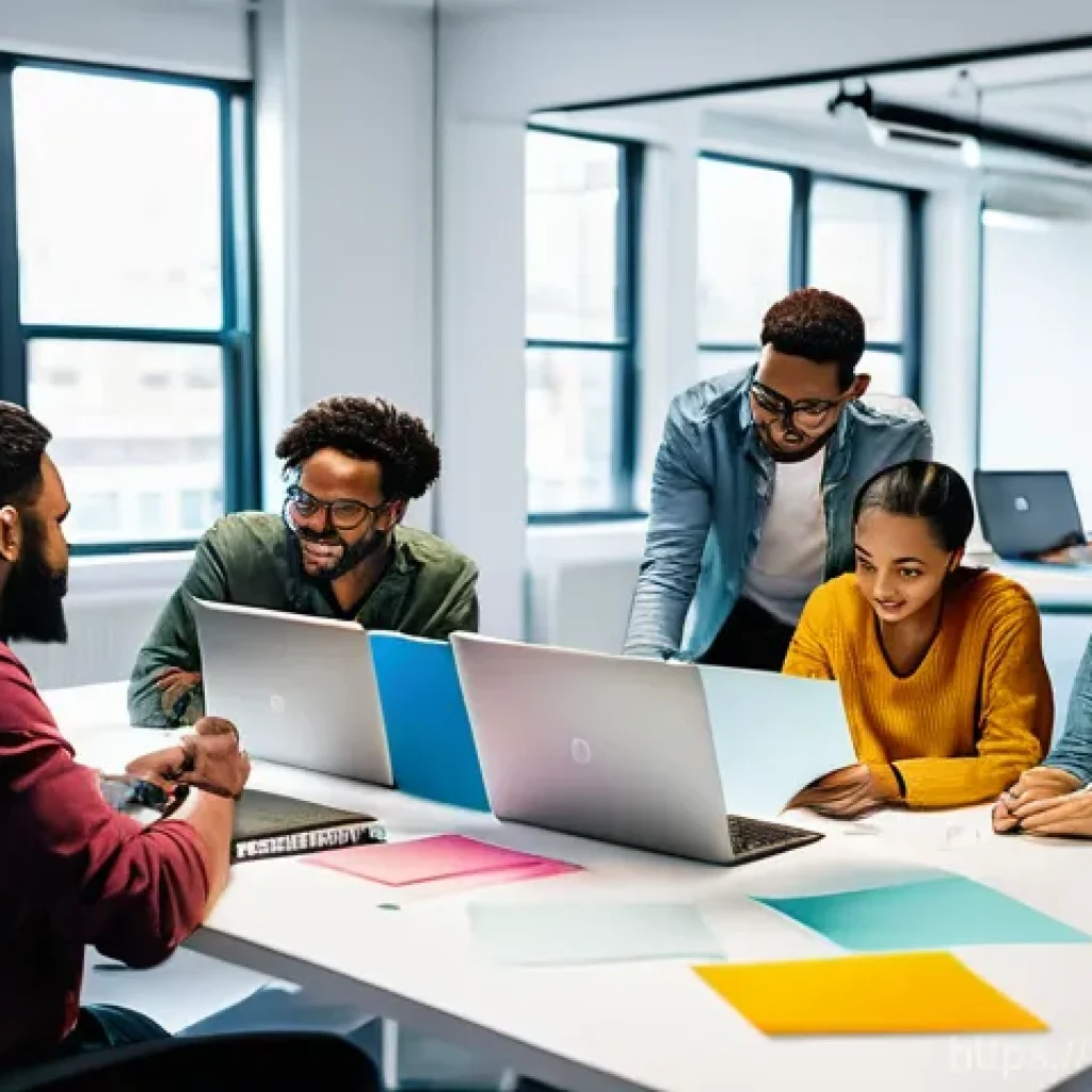 정보처리 실무에서 경험한 프로젝트 관리 사례 - A vibrant, diverse startup team of 5-7 people, casually dressed, intensely collaborating in a modest...