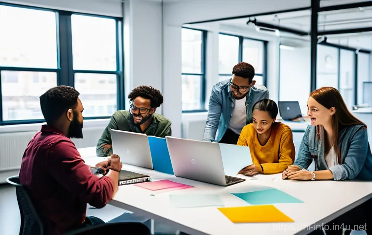 정보처리 실무에서 경험한 프로젝트 관리 사례 - A vibrant, diverse startup team of 5-7 people, casually dressed, intensely collaborating in a modest...