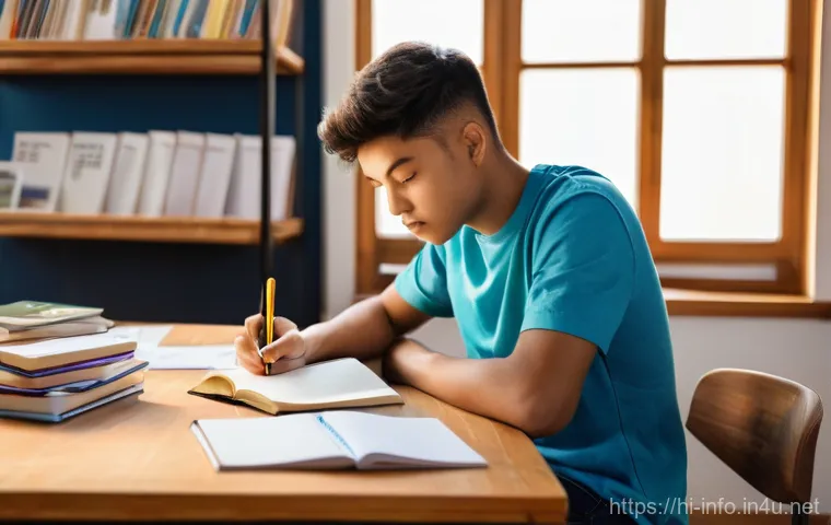 정보처리기사 필기 시험의 효율적 공부 스케줄 - **Prompt:** A young, focused male student, approximately 16-18 years old, sitting comfortably at a w...