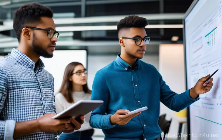 정보처리기사 취득 후 커리어 개발 성공 사례 - **Prompt:** A diverse group of four professionals (two men, two women) in their late 20s to early 40... 정보처리기사 취득 후 커리어 개발 성공 사례 - **Prompt:** A diverse group of four professionals (two men, two women) in their late 20s to early 40...
