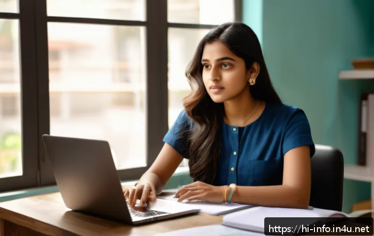 IT 이직을 준비하는 정보처리 자격증 활용 전략 - A young Indian woman in casual professional attire sitting at a modern desk, attentively learning fr...