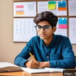 Home 19 정보처리 필기 시험의 주요 학습 전략 - A focused Indian student sitting at a wooden desk in a well-lit study room, surrounded by colorful m...