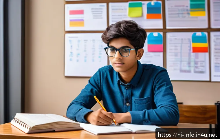 정보처리 필기 시험의 주요 학습 전략 - A focused Indian student sitting at a wooden desk in a well-lit study room, surrounded by colorful m...
