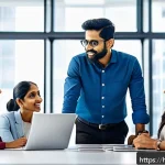 Home 18 정보처리 자격증 취득 후 프로젝트 관리 경험 - A diverse team of Indian professionals in a modern office setting, engaged in a daily standup meetin...