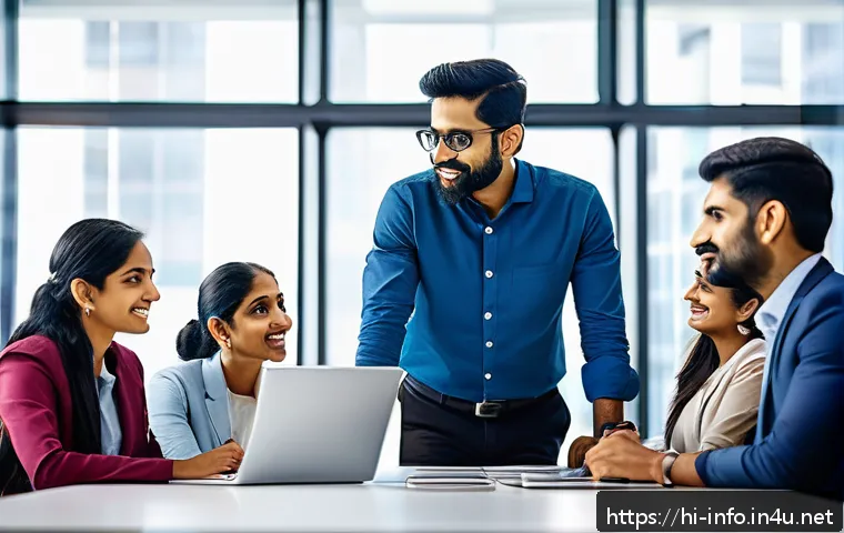 정보처리 자격증 취득 후 프로젝트 관리 경험 - A diverse team of Indian professionals in a modern office setting, engaged in a daily standup meetin...