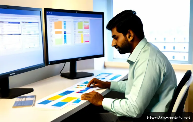 정보처리 실무에서 데이터 모델링 적용 사례 - Photorealistic Indian data analyst in a modern office, arranging color-coded database entity cards a...